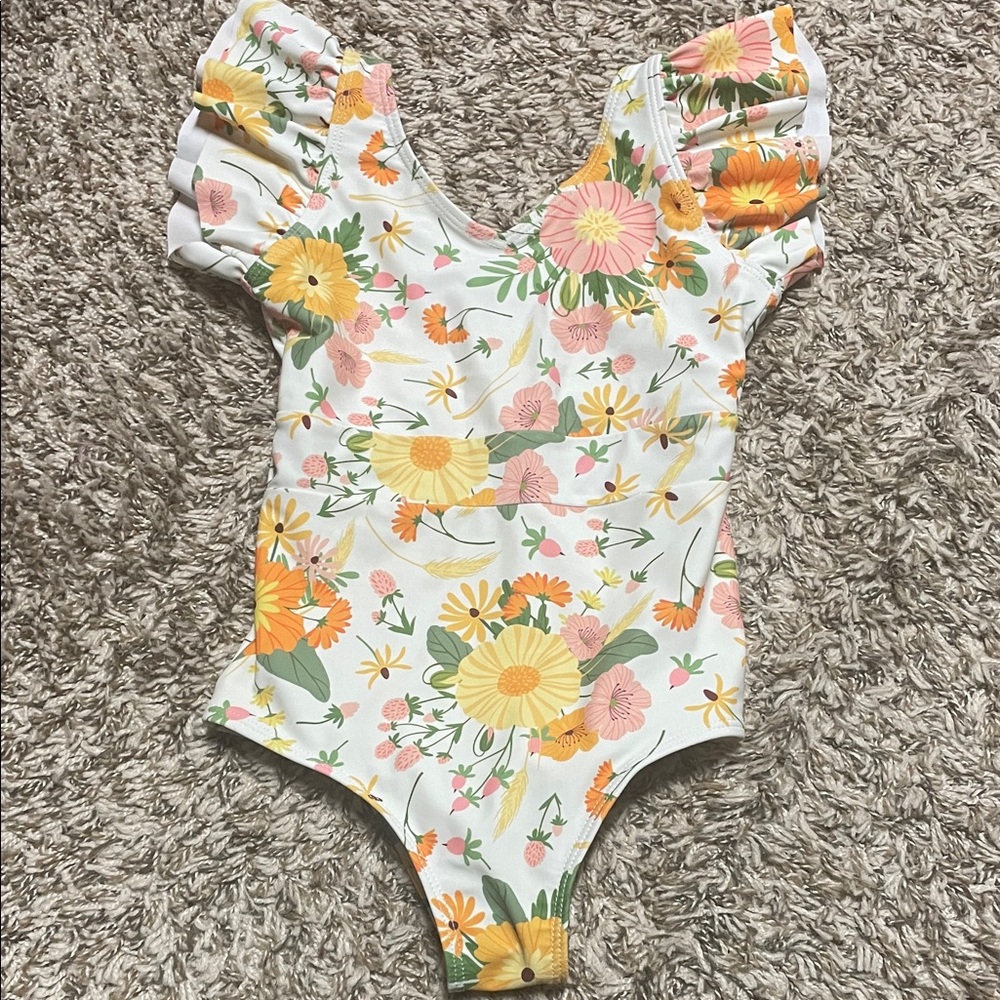 Girls' White Floral Flutter-Sleeve One-Piece Swimsuit in Yellow & Pink
